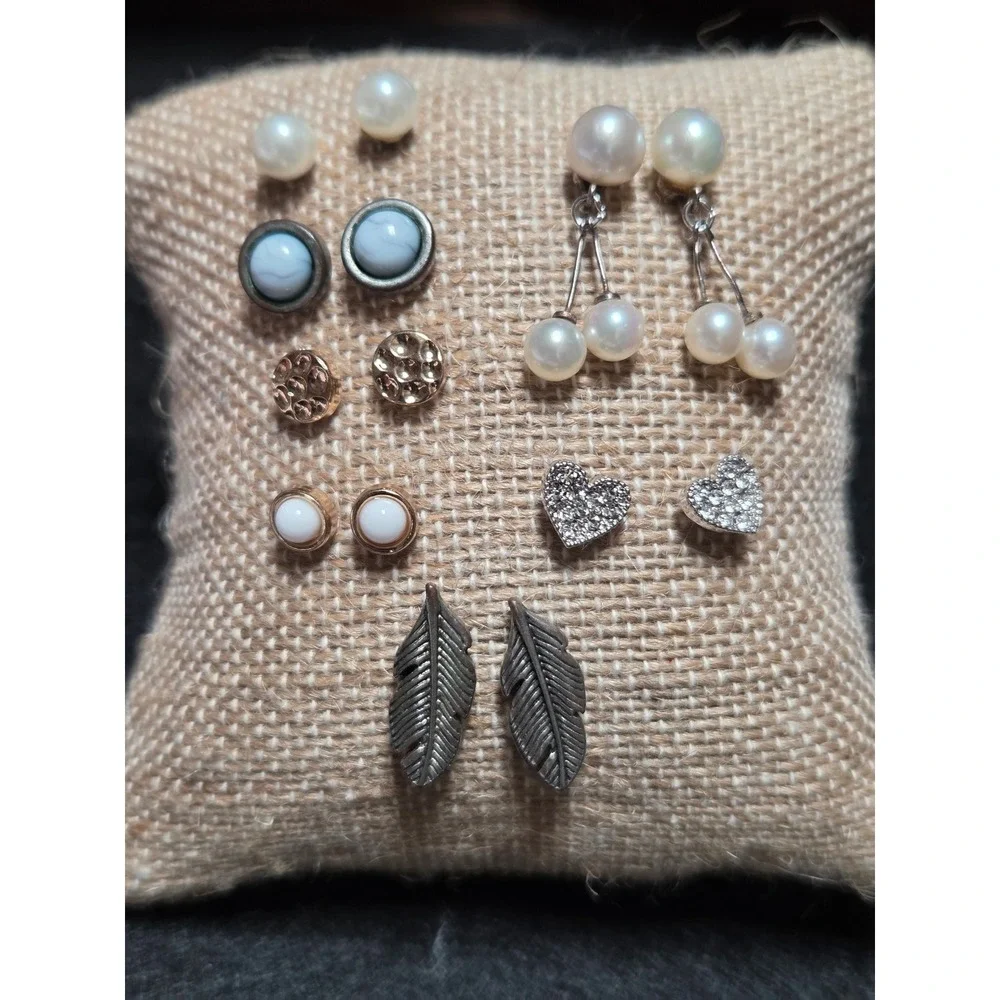 Set of 7 Earrings Pearl Studs Heart Rhinestone‎ Feather Drop Boho Jewelry Lot